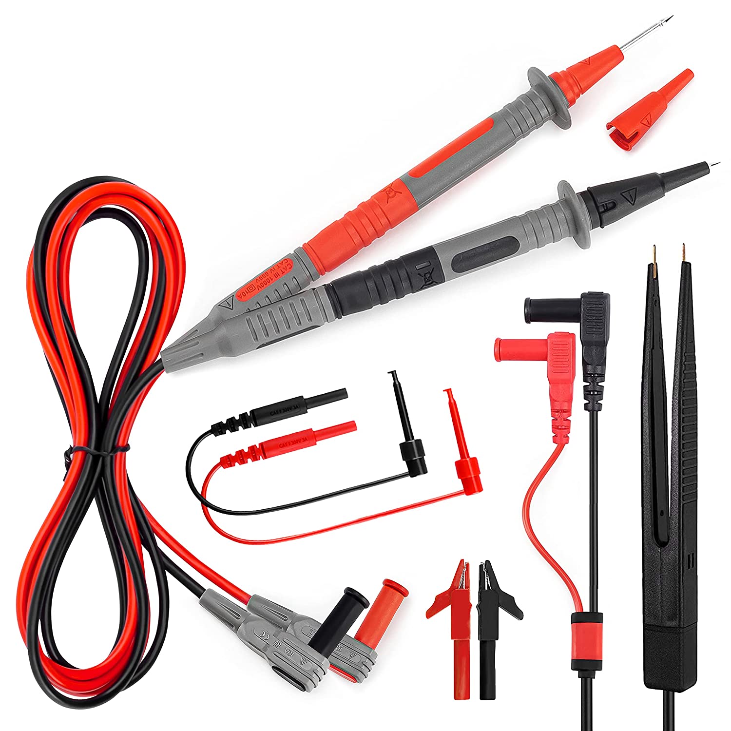 KAIWEETS Soft Silicone Electrician Test Leads Kit CAT III 1000V & CAT IV 600V with Alligator Clips and Needle Probe for Fluke/AstroAI/INNOVA Multimeter Electronic Clamp Meter 8PCS