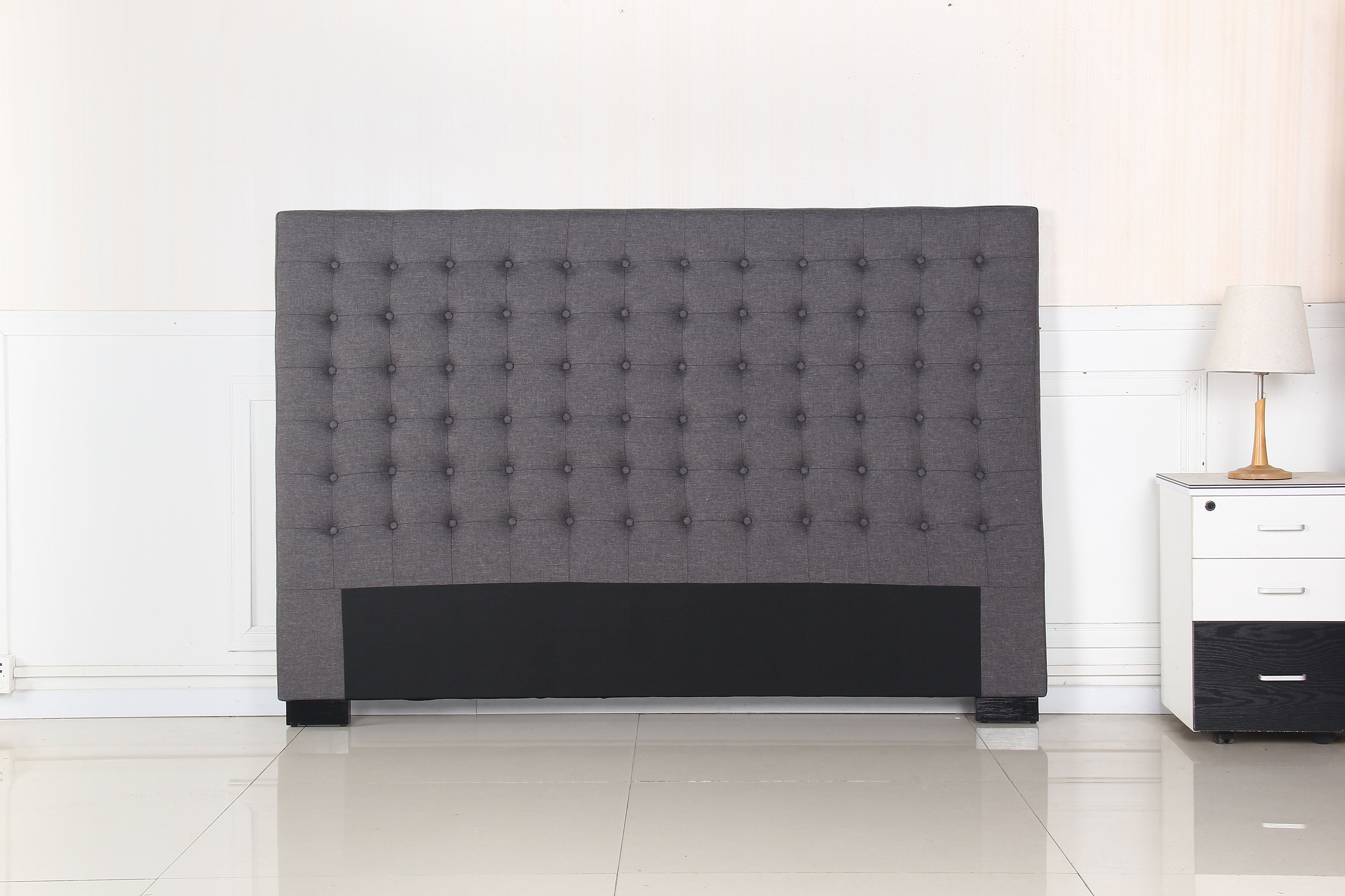 Bed Head King Charcoal Headboard Upholstery Fabric Tufted Buttons - 0
