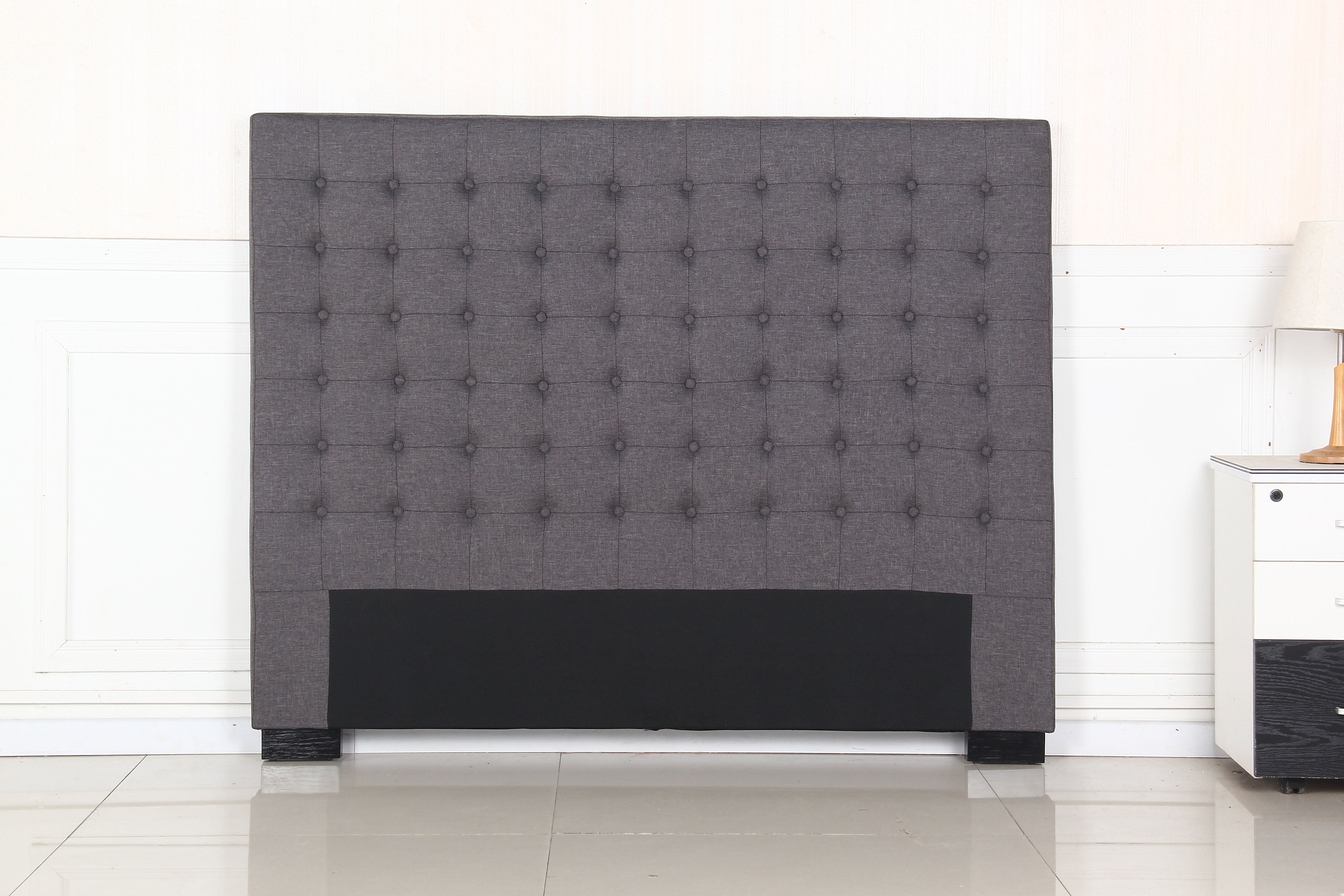 Bed Head Queen Charcoal Headboard Upholstery Fabric Tufted Buttons - 0
