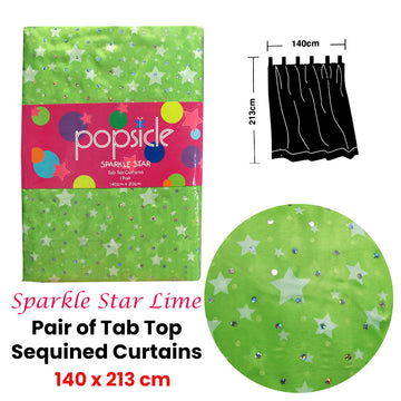Pair of Organza Sequined Tab Top Curtains Sparkle Star Lime Green 140 x 213 cm - 0