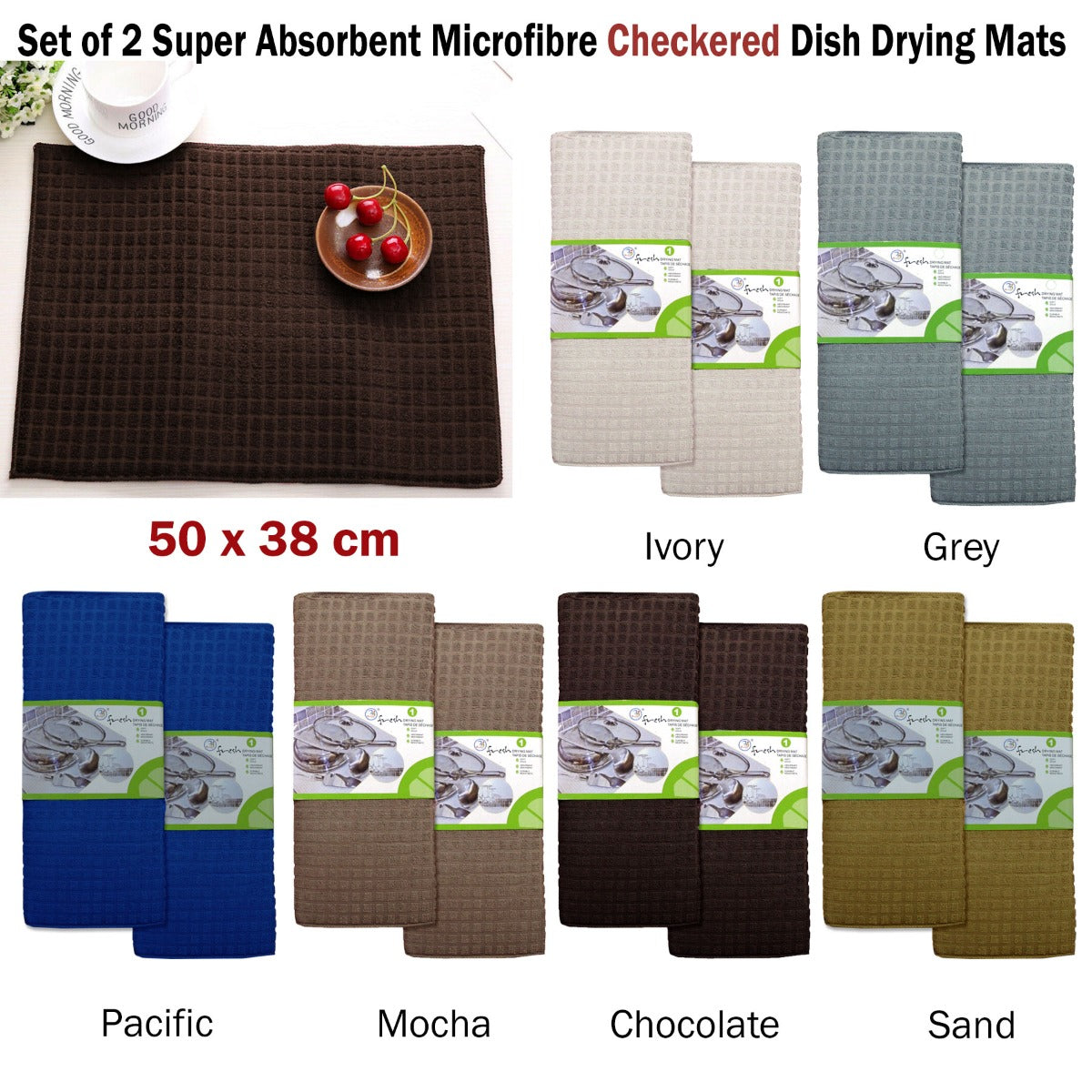 Set of 2 Microfibre Checkered Dish Drying Mats Mocha - 0
