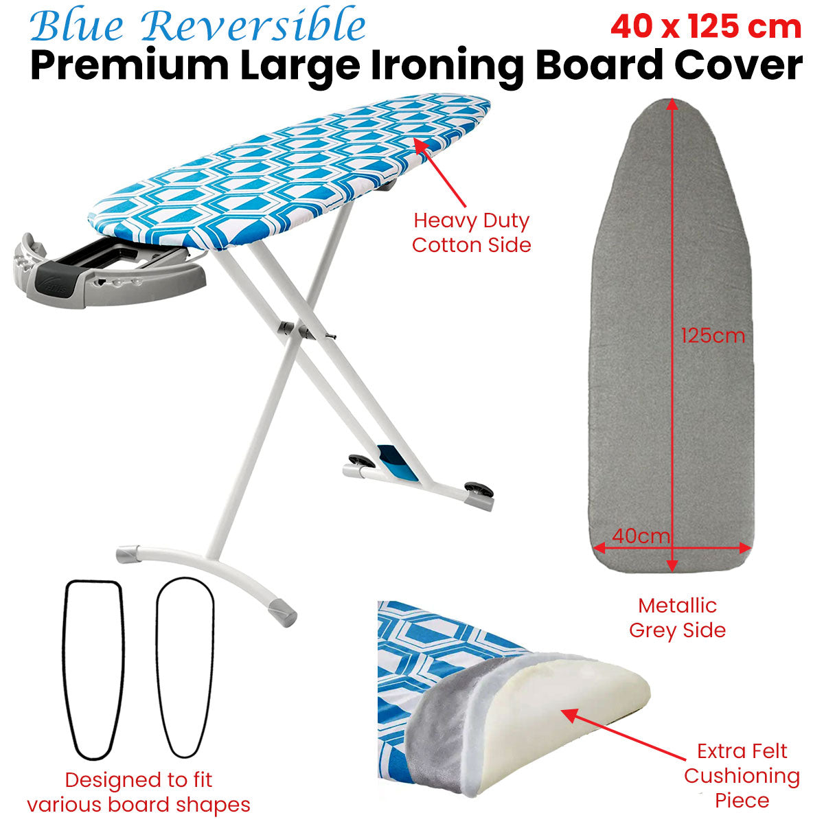 Blue Reversible Premium Large Ironing Board Cover with Underlay 40 x 125 cm - 0