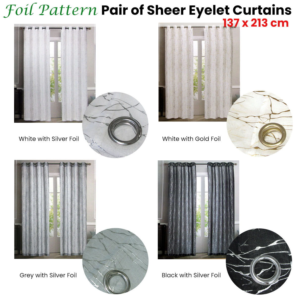 Pair of Sheer Eyelet Curtains Black with Silver Foils 137 x 213 cm - 0