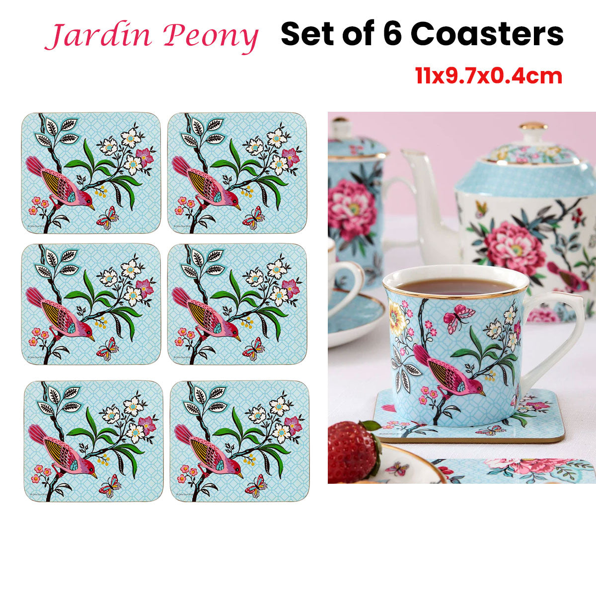 Set of 6 Jardin Peony Coasters 11x9.7x0.4cm - 0