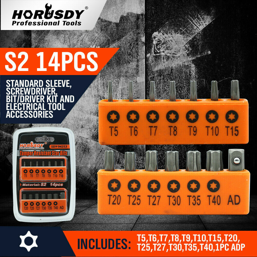 14Pc Torx Key Bit Set Tamper Proof Star Wrench Bits T5-T40 Socket Adapter S2 New - 0