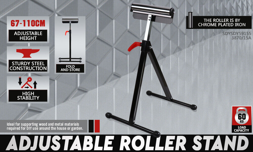 Foldable Roller Support Stand Adjustable Bench Holder 67-110cm Heavy Duty Steel - 0