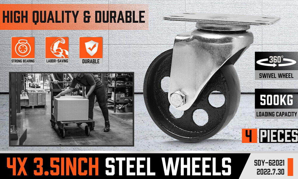 4Pc 3.5'' Heavy Duty Steel Castor Wheel Swivel Caster 500KG/EA Loading Capacity - 0