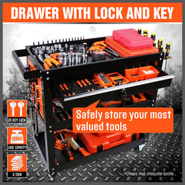 3-Tier Drawer Tool Storage Trolley Workshop Cart Steel Chest w/t Pegboard Hooks - 0