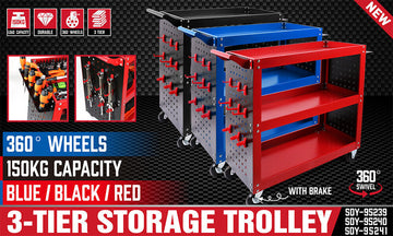 3-Tier Heavy Duty Steel Tool Trolley - Workshop Cart with Pegboard, Hooks and Locking Swivel Casters - 0