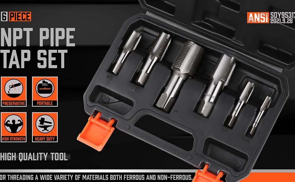 HORUSDY 6Pc NPT Pipe Tap Set Thread Tap Screw Tool 1/8" 1/4" 3/8" 1/2" 3/4" 1" - 0