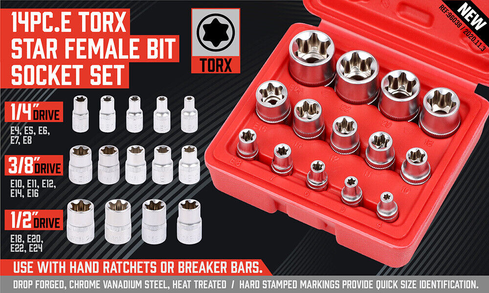 14Pc E Torx Socket Set Female Start Bit External Hex Torque E4-E24 With Case - 0