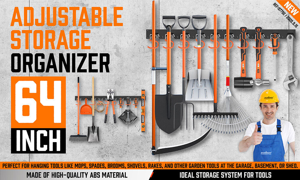 64" Wall Mount Tool Hanger Garden Storage Organizer Mop Broom Holder Hook Pegs - 0
