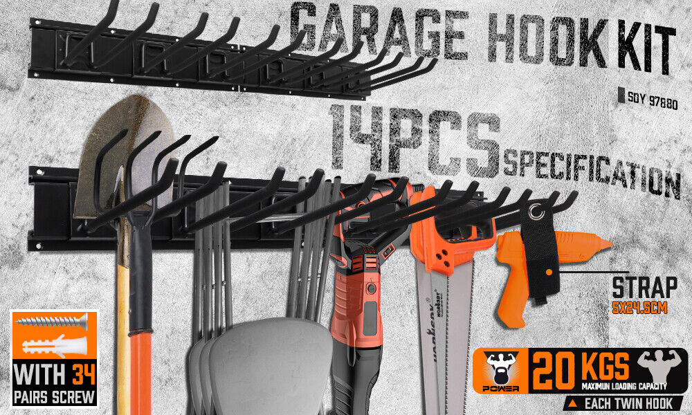 Wall Mounted Hook Rail Set Bike Holder Garden Tool Storage Rack Garage Organizer - 0
