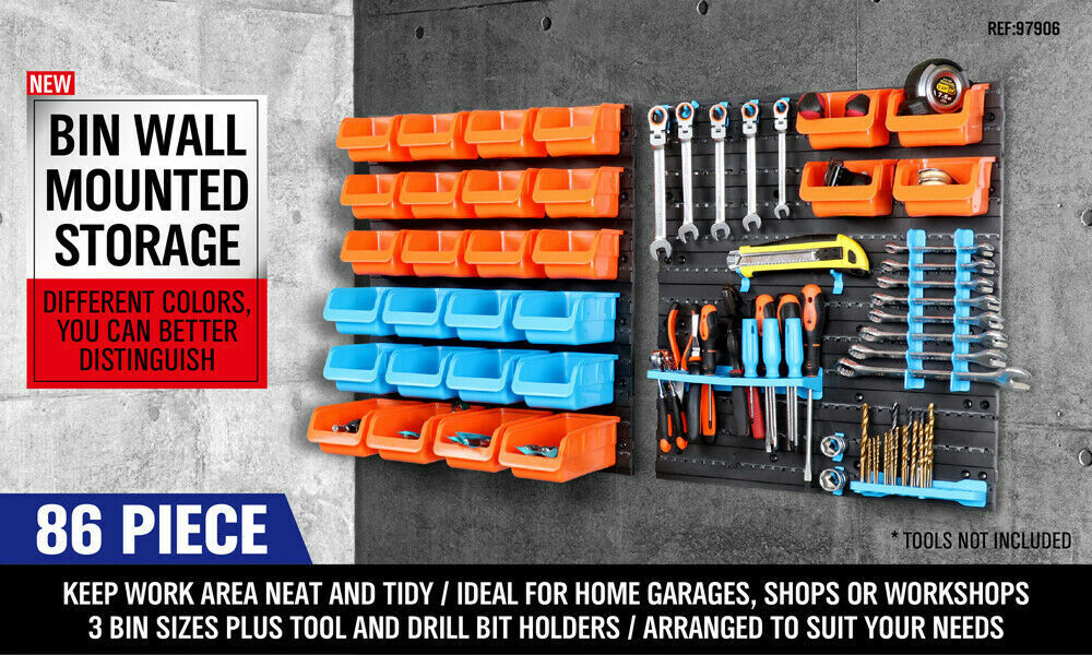 86Pc Wall Mounted Parts Storage Bins Tool Holder Rack Workshop Organiser - 0