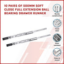 10 Pairs of 500mm Soft Close Full Extension Ball Bearing Drawer Runner-3