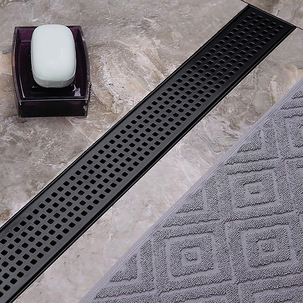 900mm Bathroom Shower Black Grate Drain w/Centre outlet Floor Waste Square Pattern - 0