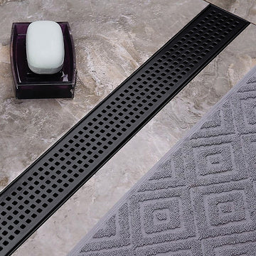 900mm Bathroom Shower Black Grate Drain w/Centre outlet Floor Waste Square Pattern - 0