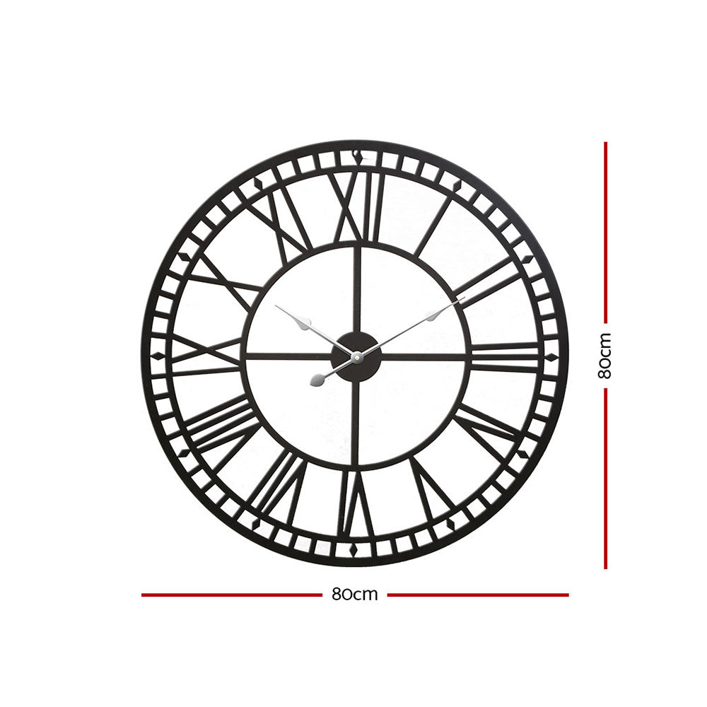 Artiss 80cm Wall Clock Large Roman Numerals Metal Black - 0