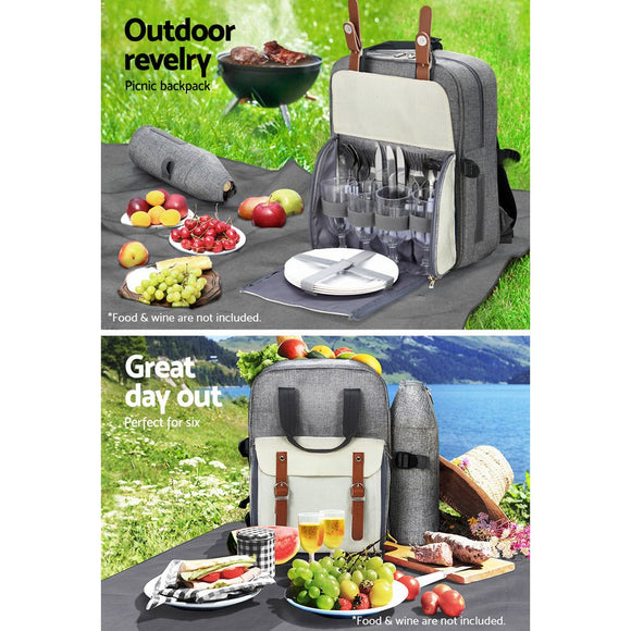 Alfresco 4 Person Picnic Basket Set Backpack Bag Insulated Grey - RnR Galore