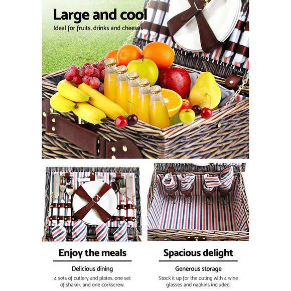 Alfresco 4 Person Picnic Basket Set Insulated Blanket Bag - RnR Galore