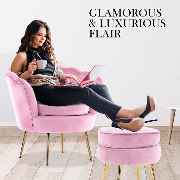 Armchair Lounge Chair Accent Velvet Shell Scallop + Round Ottoman Footstool PINK - RnR Galore