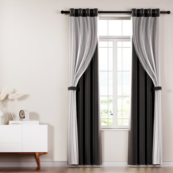Artiss 2X 132x160cm Blockout Sheer Curtains Black - RnR Galore