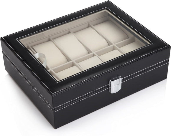 Black PU Leather Watch Organizer Display Storage Box Cases for Men & Women (10 slots) - RnR Galore