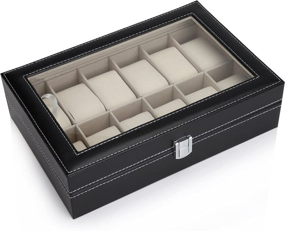 Black PU Leather Watch Organizer Display Storage Box Cases for Men & Women (12 slots) - RnR Galore