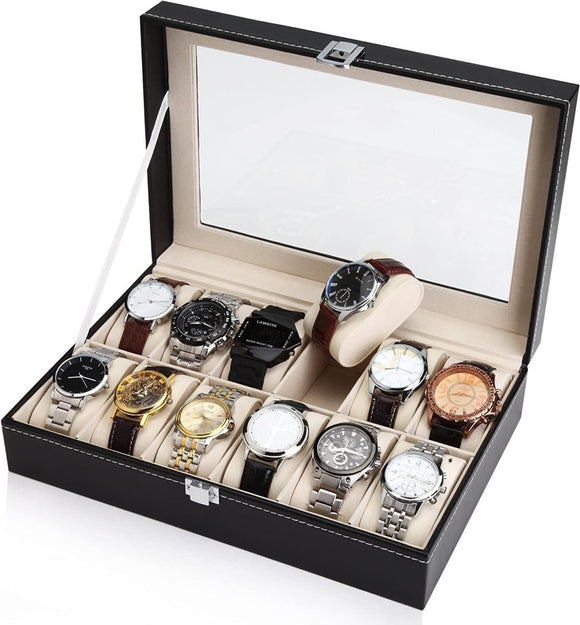 Black PU Leather Watch Organizer Display Storage Box Cases for Men & Women (12 slots) - RnR Galore
