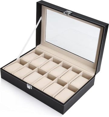 Black PU Leather Watch Organizer Display Storage Box Cases for Men & Women (12 slots) - RnR Galore