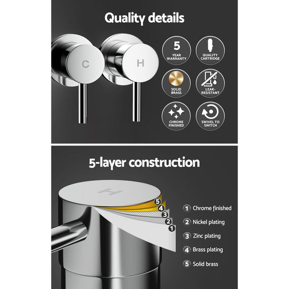 Cefito Basin Twin Tap Wall Round Brass Faucet Shower Bathtub Chrome - RnR Galore