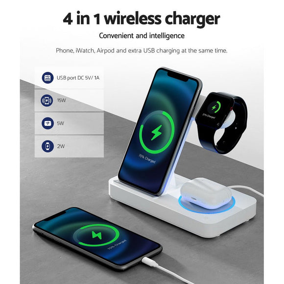 Devanti 4 - in - 1 Wireless Charger Dock Fast Charging for Phone White - RnR Galore