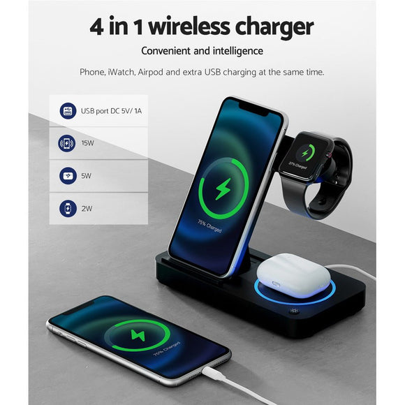 Devanti 4 - in - 1 Wireless Charger Station Fast Charging for Phone Black - RnR Galore