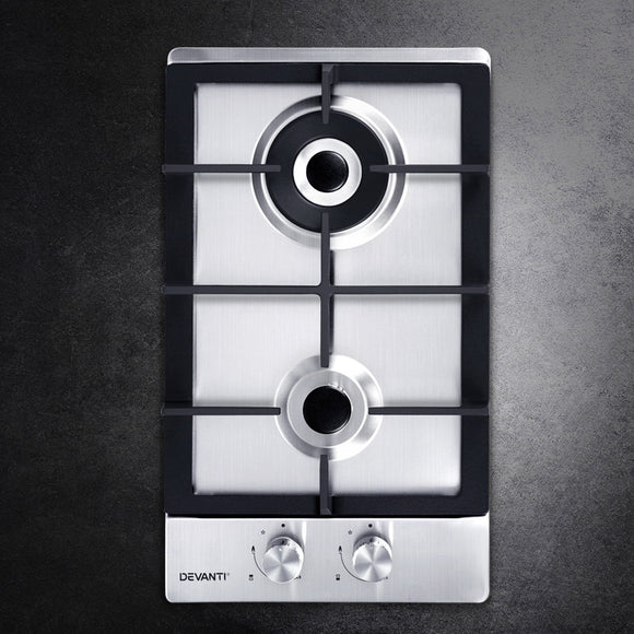Devanti Gas Cooktop 30cm 2 Burner Silvir - RnR Galore