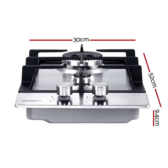 Devanti Gas Cooktop 30cm 2 Burner Silvir - RnR Galore