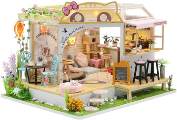 Dollhouse Miniature with Furniture Kit Plus Dust Proof and Music Movement - Cat Coffee (Valentine's Day Gift Idea) - RnR Galore