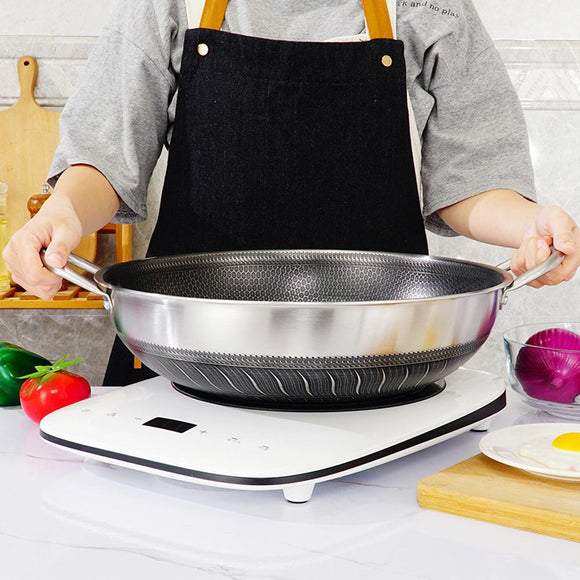 Double Ear 304 Stainless Steel 36cm Non - Stick Stir Fry Cooking Kitchen Wok Pan with Lid Honeycomb Double Sided - RnR Galore