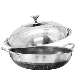 Double Ear 304 Stainless Steel 36cm Non - Stick Stir Fry Cooking Kitchen Wok Pan with Lid Honeycomb Double Sided - RnR Galore