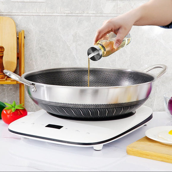 Double Ear 304 Stainless Steel 38cm Non - Stick Stir Fry Cooking Kitchen Wok Pan with Lid Honeycomb Double Sided - RnR Galore