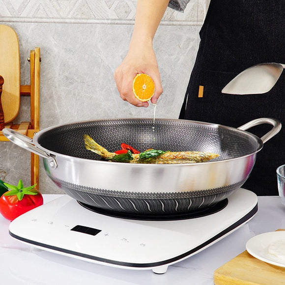 Double Ear 304 Stainless Steel 38cm Non - Stick Stir Fry Cooking Kitchen Wok Pan with Lid Honeycomb Double Sided - RnR Galore