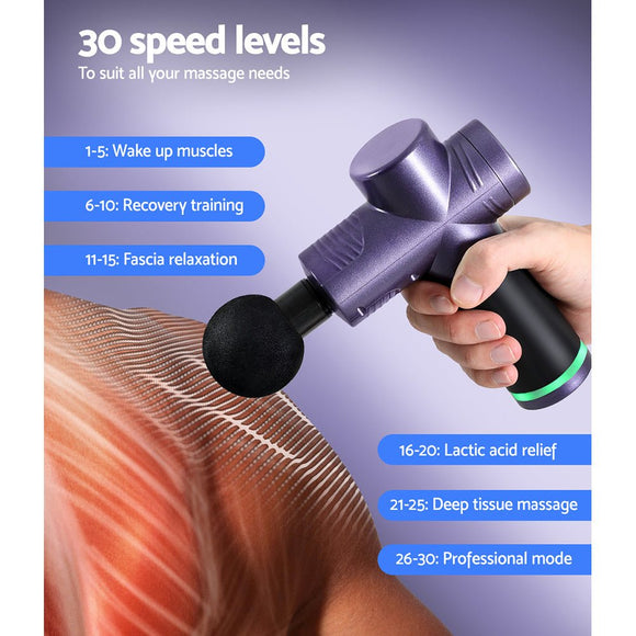 Everfit 30 Speed Massage Gun 4 Heads Vibration Muscle Massager Chargeable Purple - RnR Galore