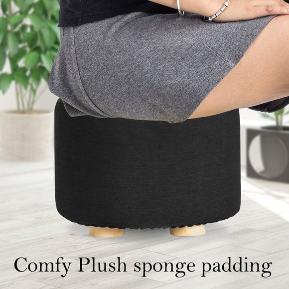 Fabric Ottoman Round Wooden Leg Foot Stool - BLACK - RnR Galore