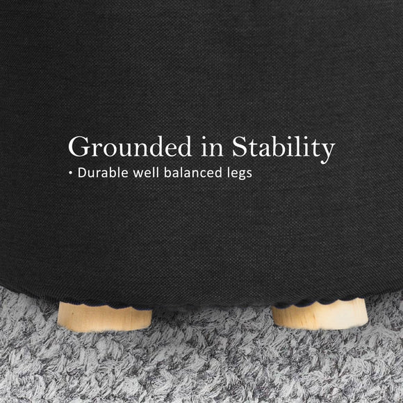 Fabric Ottoman Round Wooden Leg Foot Stool - BLACK - RnR Galore