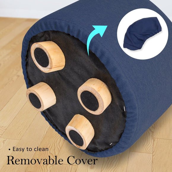 Fabric Ottoman Round Wooden Leg Foot Stool - DARK BLUE - RnR Galore