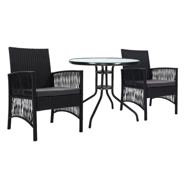 Gardeon 3PC Bistro Set Outdoor Furniture Rattan Table Chairs Cushion Patio Garden Lyra - RnR Galore