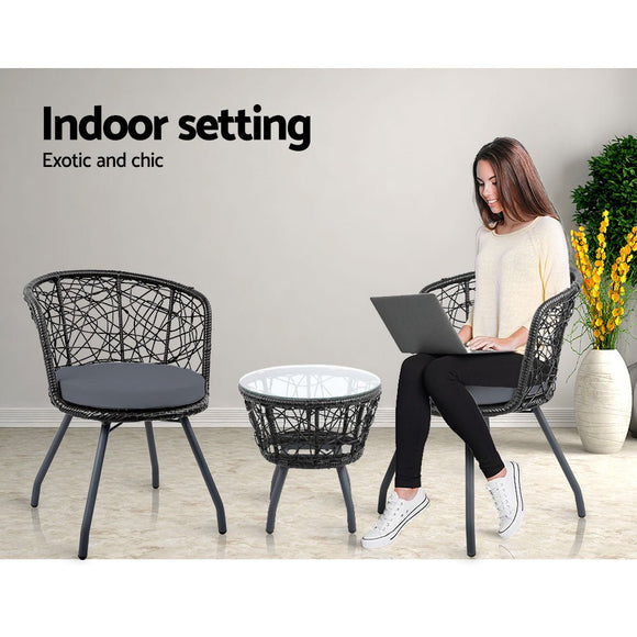 Gardeon 3PC Bistro Set Outdoor Furniture Rattan Table Chairs Patio Garden Cushion Black - RnR Galore