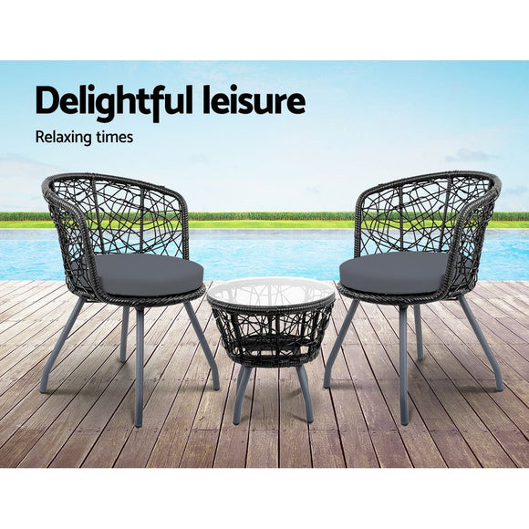 Gardeon 3PC Bistro Set Outdoor Furniture Rattan Table Chairs Patio Garden Cushion Black - RnR Galore