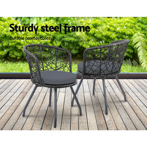 Gardeon 3PC Bistro Set Outdoor Furniture Rattan Table Chairs Patio Garden Cushion Black - RnR Galore