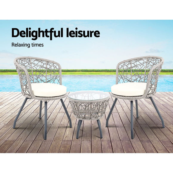 Gardeon 3PC Bistro Set Outdoor Furniture Rattan Table Chairs Patio Garden Cushion Grey - RnR Galore