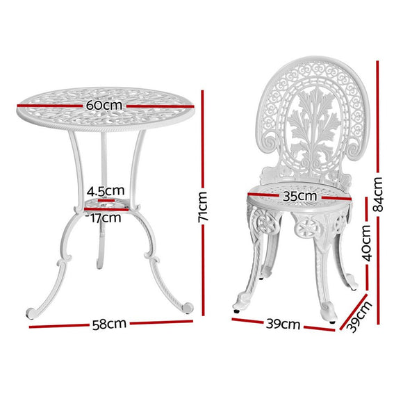 Gardeon 3PC Patio Furniture Outdoor Bistro Set Dining Chairs Aluminium White - RnR Galore
